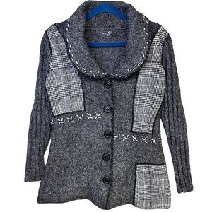 Tivoli of Ireland Gray Button Cardigan Plaid Patchwork Panels Boho Wool Grunge L